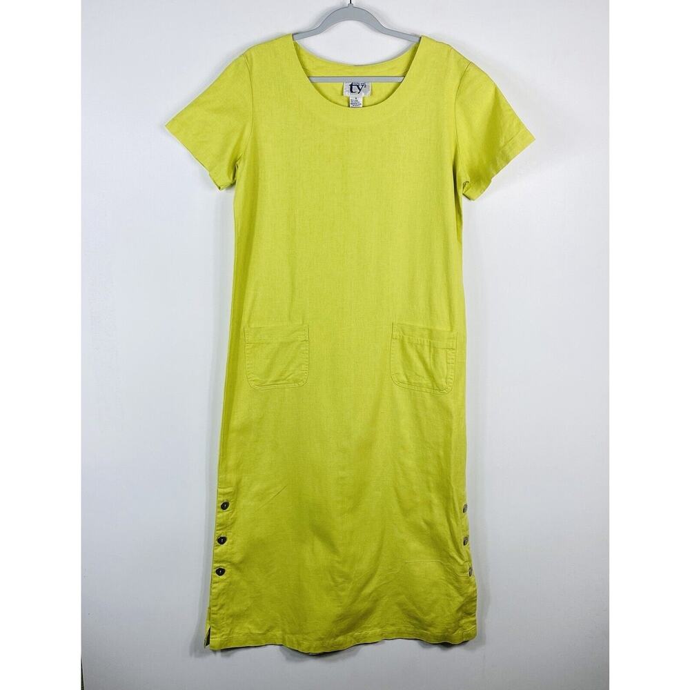 Vintage TY2 Size Small Linen Cotton Short Sleeve Midi Dress With Pockets Green